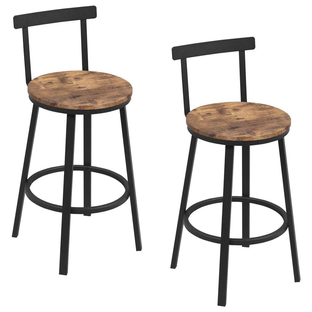 Set van 2 industriële barkrukken van BukkitBow met houten zitting, rugleuning, voetsteun en stalen frame voor keuken of eetkamer.