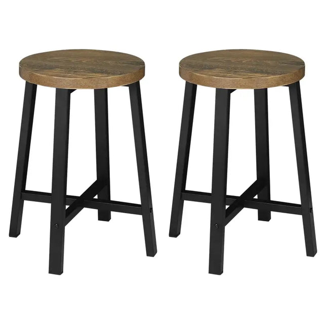 Set van 2 vintage industriële barkrukken van BukkitBow met bewerkt hout en metalen frame, zithoogte 46 cm.