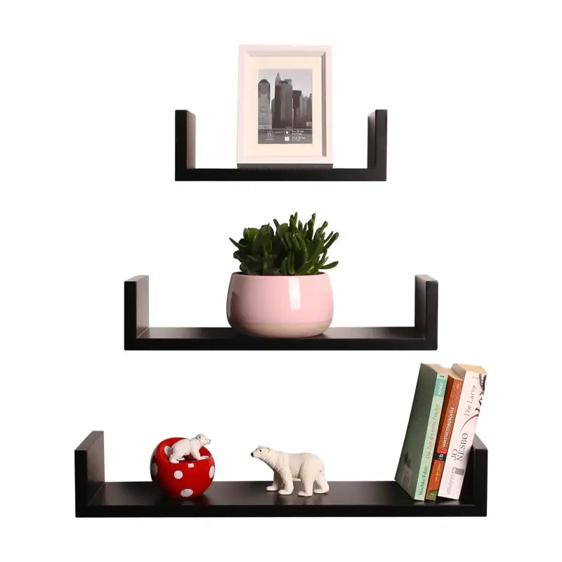 Drie zwevende houten boekenplanken van BukkitBow in verschillende maten, inclusief bevestigingen, gelakt MDF voor een moderne uitstraling.