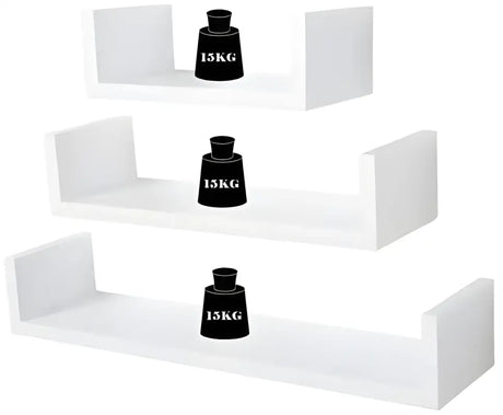 Set van 3 zwevende boekenplanken van BukkitBow, hout en MDF, verschillende maten, inclusief bevestigingen voor muurmontage.