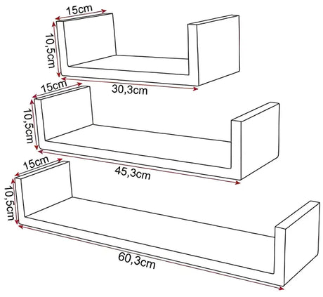 Set van 3 zwevende boekenplanken van BukkitBow, gelakt MDF hout, verschillende maten met bevestigingen voor muurmontage.