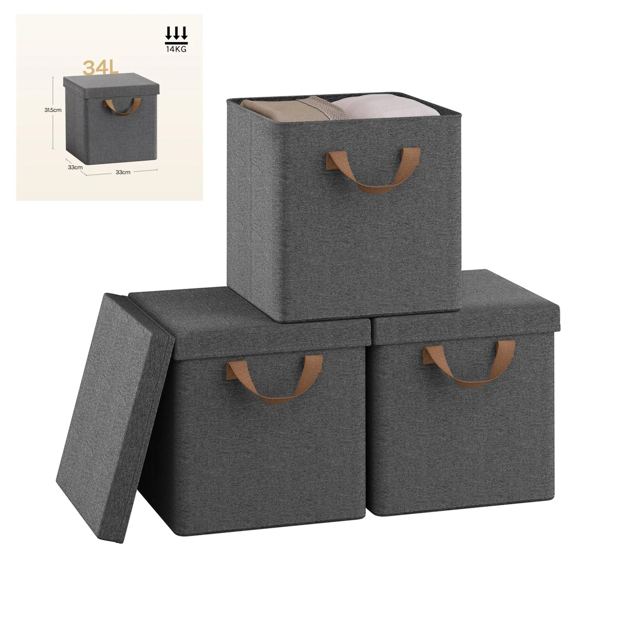 BukkitBow set van 3 of 5 opvouwbare stoffen opbergdozen met deksel, organizer voor opslag en organisatie in huis