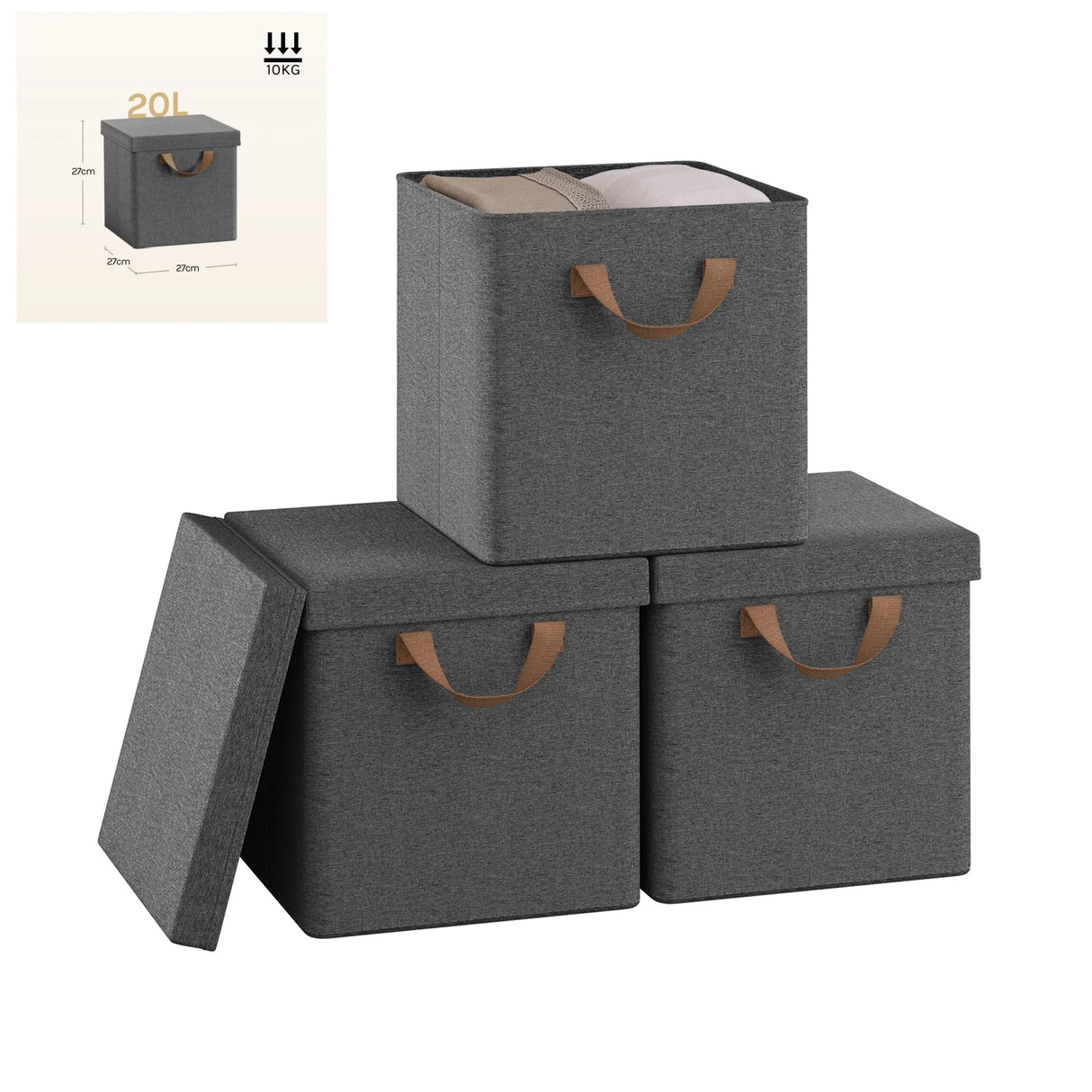Set van 3 of 5 opvouwbare stoffen opbergdozen van BukkitBow met deksels, voor nette en compacte organisatie thuis of op kantoor.