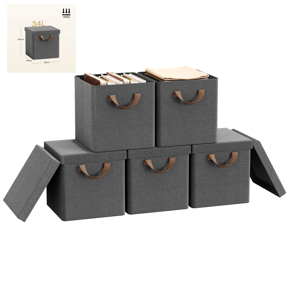 BukkitBow set van 3 of 5 opvouwbare stoffen opbergdozen met deksel, organiser voor huishoudelijk gebruik