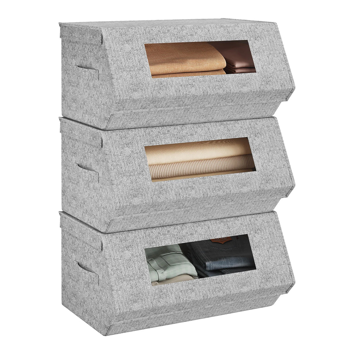 Set van 3 BukkitBow stof opbergdozen met kijkvenster en magnetische sluiting op een opbergrek