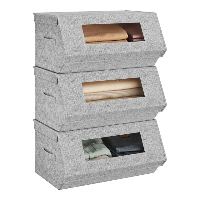 Set van 3 BukkitBow stof opbergdozen met kijkvenster en magnetische sluiting op een opbergrek
