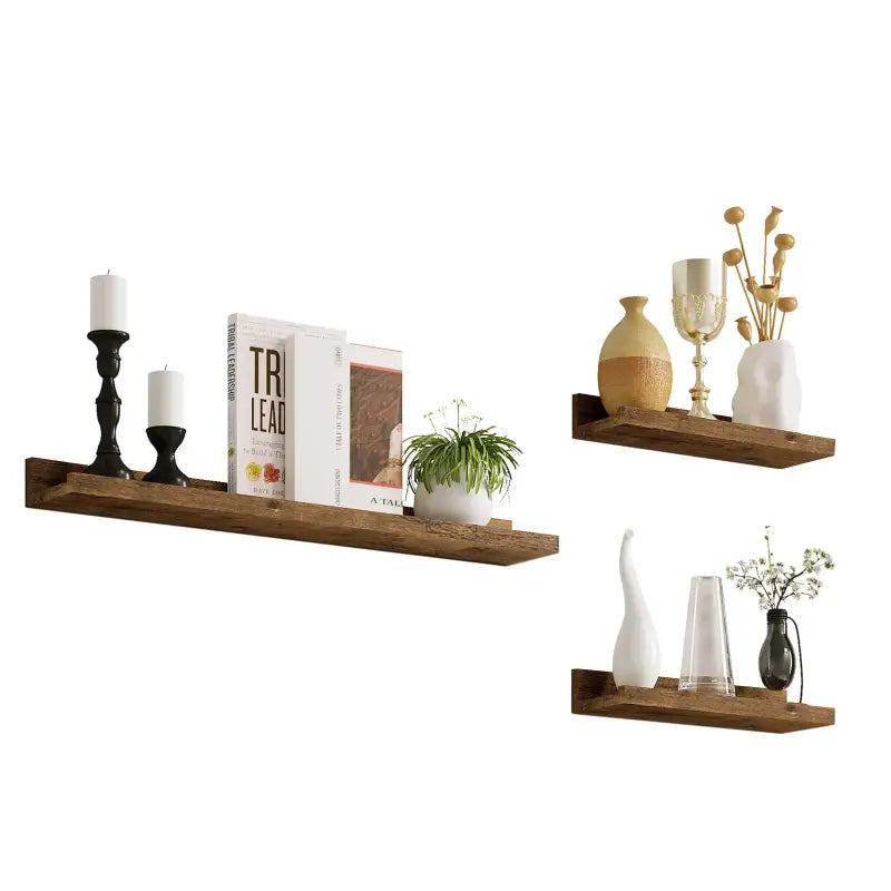 BukkitBow set van 3 wandplanken van MDF in vintage bruin hout, grote en kleine boekenplanken met maximale belasting van 5kg