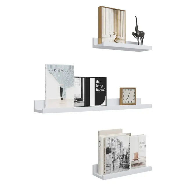 Set van 3 witte wandplanken van BukkitBow, MDF, met grote (60x10x5cm) en kleine (30x10x5cm) boekenplanken voor 5kg.