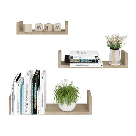 Set van 3 houten boekenplanken van BukkitBow in verschillende afmetingen, geschilderd in een natuurlijke houtlook.