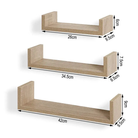 Set van 3 houten boekenplanken van BukkitBow in verschillende afmetingen, geschikt voor wandmontage en decoratie.