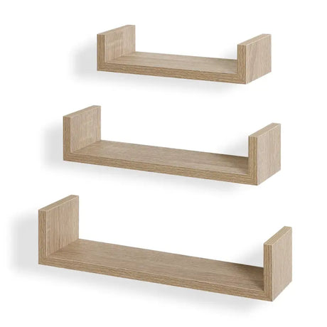Set van 3 houten boekenplanken van BukkitBow in verschillende afmetingen, geschikt voor wandmontage en decoratie.