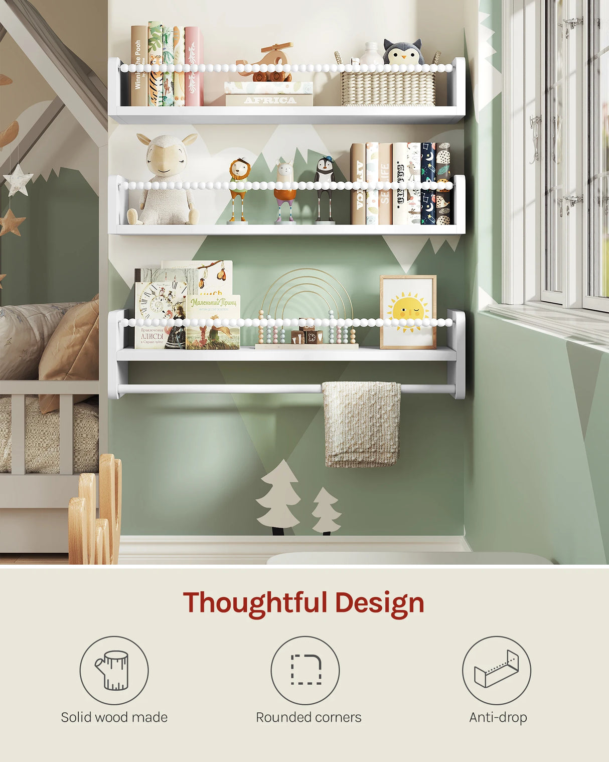 Set van 3 houten zwevende wandplanken van BukkitBow, ideaal voor boeken en decoraties in de kinderkamer.