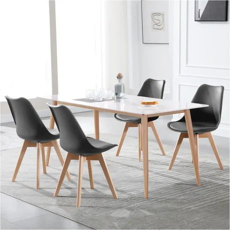 Set van 4 BukkitBow eetkamerstoelen met beukenhouten poten en stevige PU-zitting, zithoogte 42 cm, comfort en veelzijdigheid.