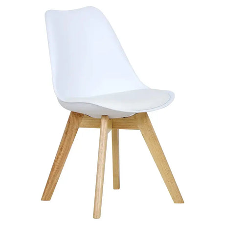Set van 4 BukkitBow eetkamerstoelen met beukenhouten poten, comfortabele PU zitting en zithoogte van 42 cm.