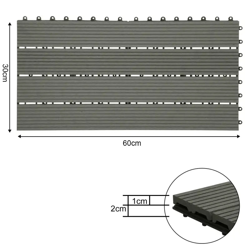 BukkitBow WPC terrasplanken set met 6 tegels van 30x60cm, plug-in systeem voor terras of patio, natuurlijke houtlook.
