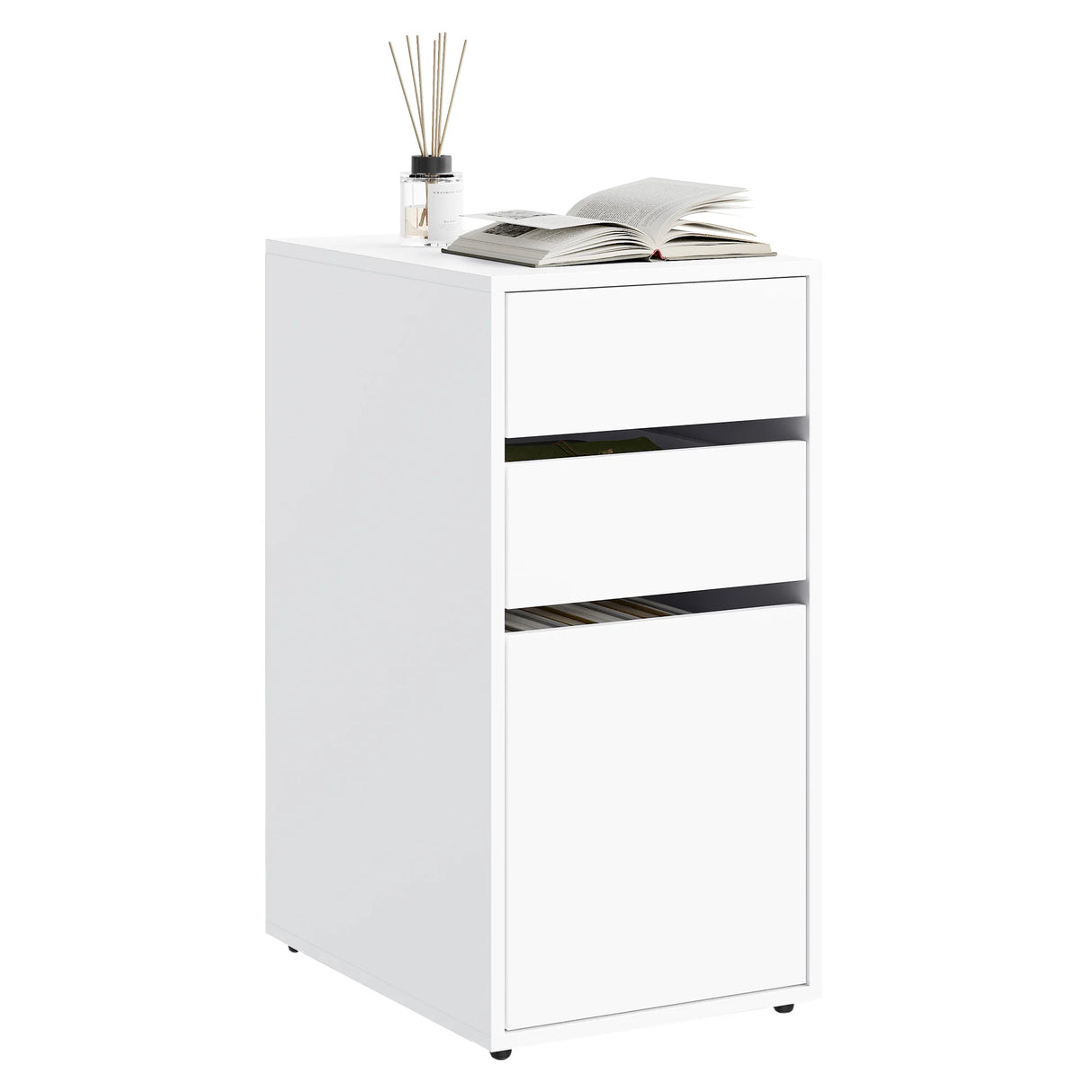 Smal BukkitBow nachtkastje met 3 laden, modern en ruimtebesparend, zwart houten design voor slaapkamer.