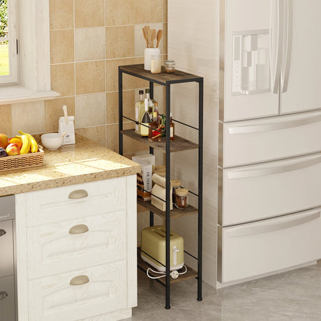 Industrieel metalen opbergrek van BukkitBow met 4 niveaus, compact en geschikt voor kleine niches, zwart metalen frame.