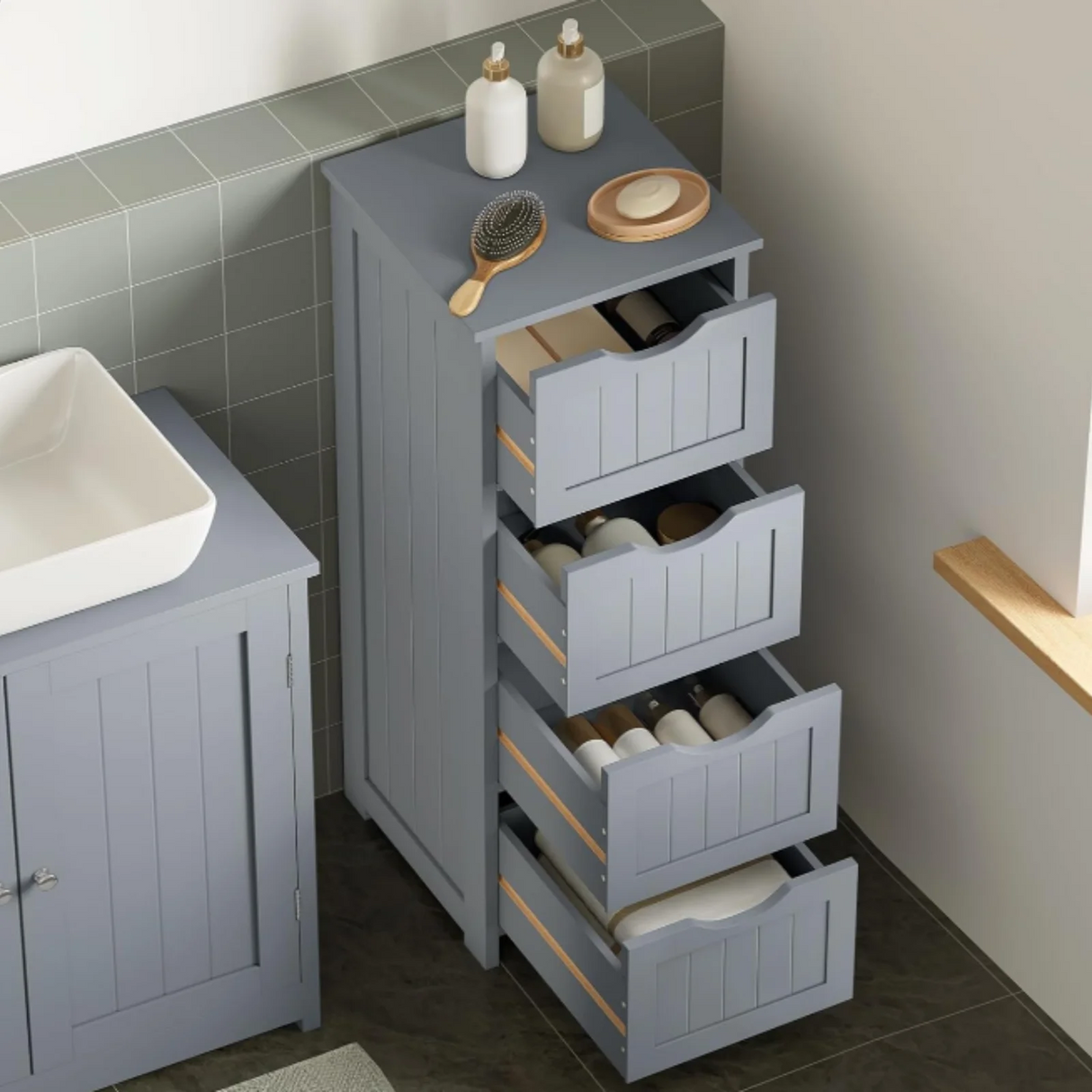 BukkitBow kleine vrijstaande badkamerkast met 4 lades, ruimtebesparend opslagmeubel voor badkamer of woonkamer