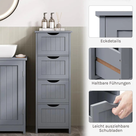 BukkitBow smalle vrijstaande badkamerkast met 4 laden, ruimtebesparend opslagmeubel voor badkamer en woonkamer