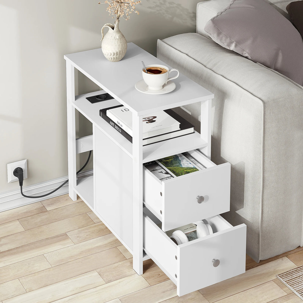 BukkitBow smalle bijzettafel met 2 stopcontacten, 2 USB-poorten, lade en opbergruimte voor woonkamer of slaapkamer