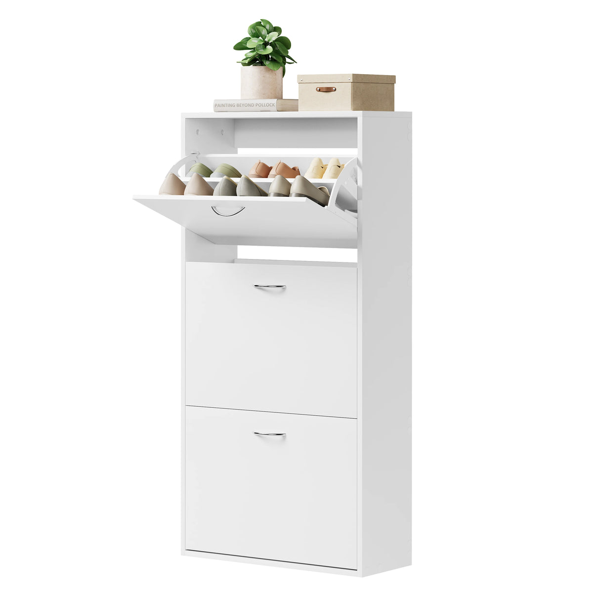 Witte en zwarte schoenenkast BukkitBow met 3 kantelbakken, smal en hoog voor nette opbergoplossing voor schoenen.
