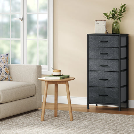 BukkitBow smalle ladekast met vijf stoffen laden, vrijstaand met stevig metalen frame, geschikt voor slaapkamer en woonkamer.