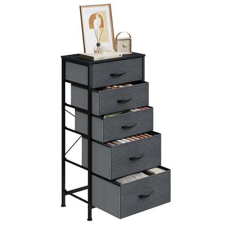 BukkitBow smalle ladekast met 5 stoffen lades, vrijstaand metalen frame voor slaapkamer of woonkamer, stevige opbergkast