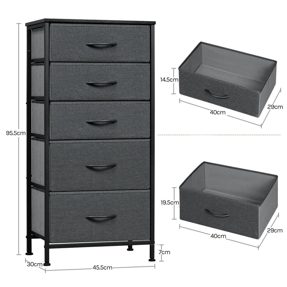 BukkitBow smalle ladekast met vijf stoffen lades, vrijstaand metalen frame, geschikt voor slaapkamer of woonkamer.