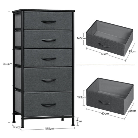 BukkitBow smalle ladekast met vijf stoffen lades, vrijstaand metalen frame, geschikt voor slaapkamer of woonkamer.