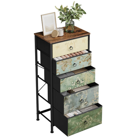 BukkitBow smalle ladekast met vijf stoffen laden met vintage bloemenmotief, ideaal voor decoratieve opbergruimte.
