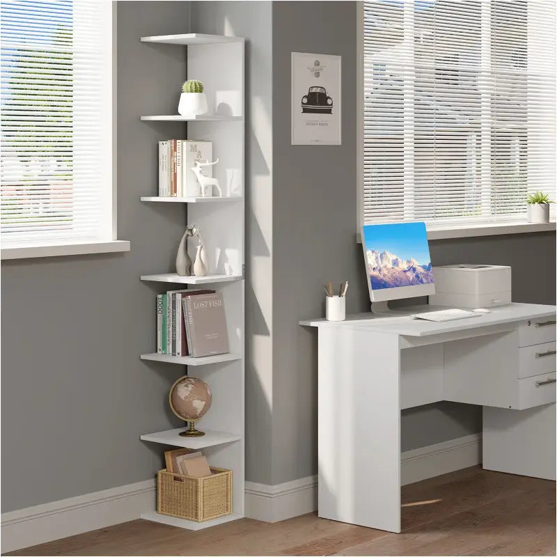 Witte BukkitBow staande boekenkast van 190cm met 7 open niveaus, vrijstaand en geschikt voor boeken en decoraties