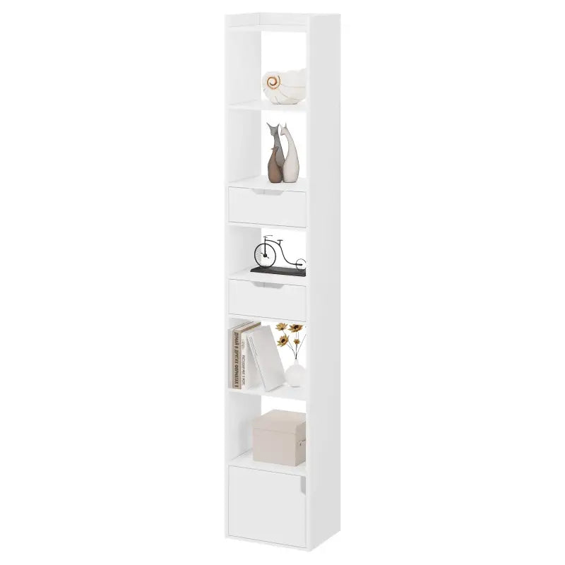 BukkitBow staande boekenkast van eikenhout met melamine fineer, ruime opbergruimte, deur en laden, modern en functioneel design