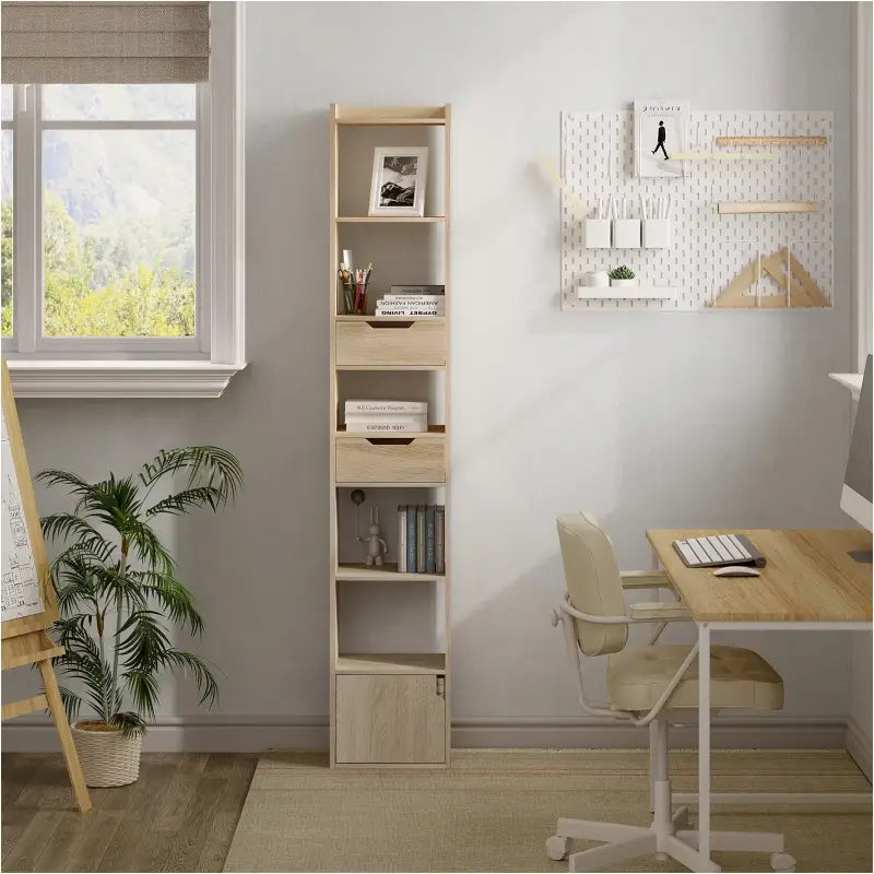 Staande BukkitBow boekenkast van eikenhout met melamine fineer, ruime opbergruimte, deur en laden, modern en functioneel design