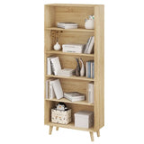 BukkitBow staande boekenkast met 5 compartimenten, houten poten, afmetingen 60x24x144cm, modern houten design.