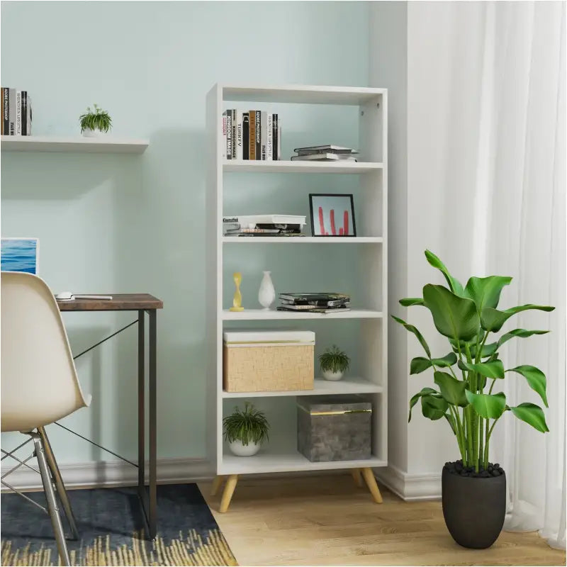 BukkitBow staande boekenkast met 5 compartimenten, houten poten, afmetingen 60x24x144cm, ideaal voor boeken en decoratie