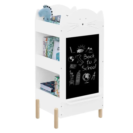 BukkitBow kinder boekenkast staand met opslag aan 2 zijden, krijtbord, krijtplankje en bovenruimte, afmetingen 45x36x85 cm