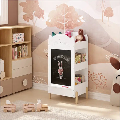 BukkitBow kinder boekenkast staand met opbergruimte, krijtbord en plankje, inclusief bovenruimte, 45x36x85 cm, roze en wit.
