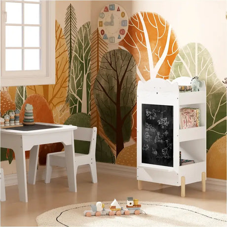 BukkitBow kinder boekenkast met opslagruimte, krijtbord en plankje, staand ontwerp, inclusief bovenruimte, afmetingen 45x36x85cm.