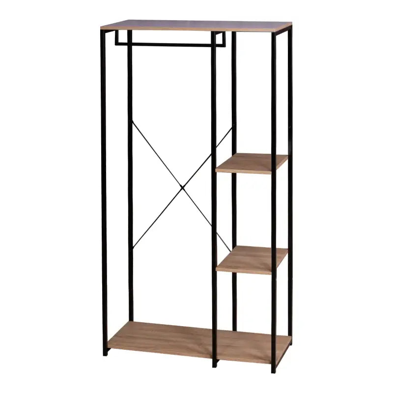 BukkitBow staande kapstok met houten planken, ophanghaken voor jassen en een schoenenplank in een modern interieur