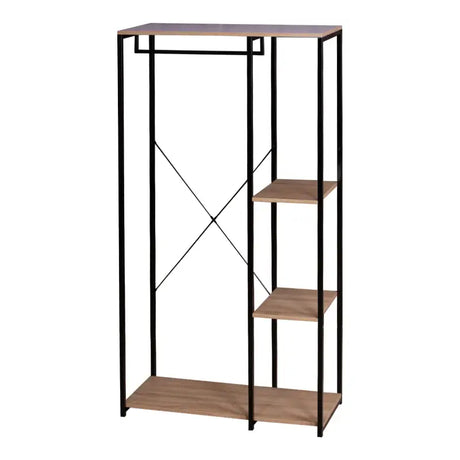 BukkitBow staande kapstok met houten planken, ophanghaken voor jassen en een schoenenplank in een modern interieur