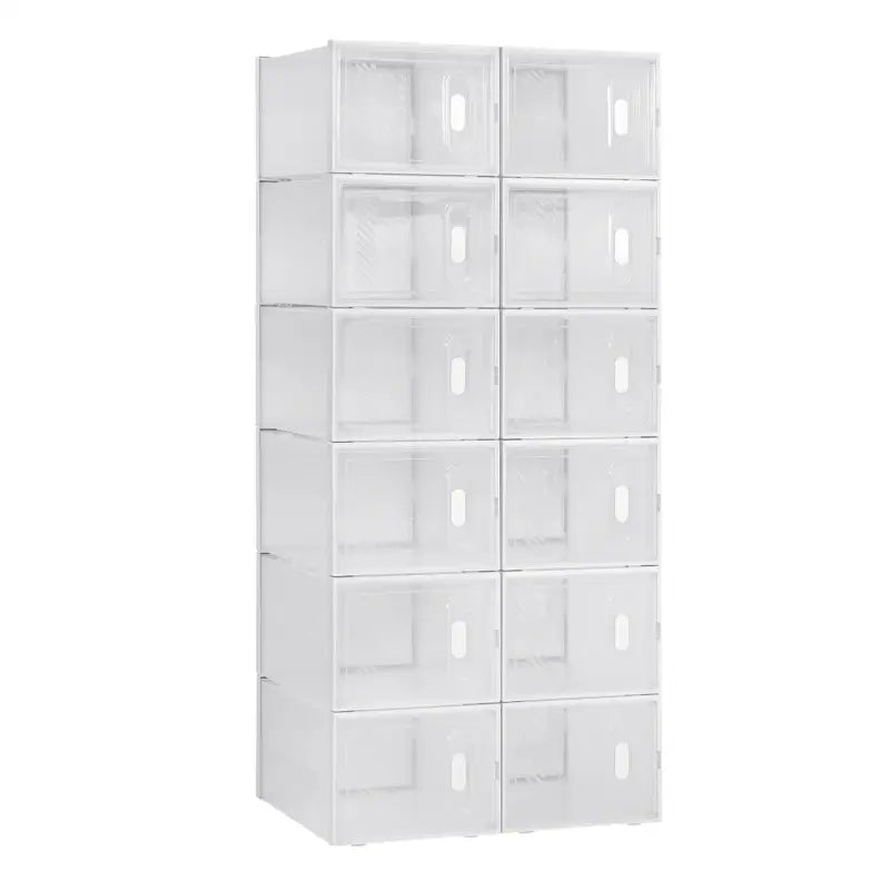 Witte BukkitBow stapelbare schoenendozen met transparante vakken en deurtjes, ideaal als sneaker organizer, set van 8/12/18.