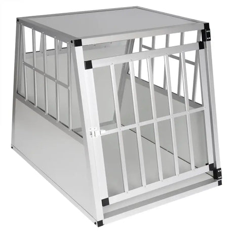 Stevige aluminium/MDF hondenkooi van BukkitBow, trapeziumvormig, volledig doorkijkend en geventileerd, 71x85x65cm, hondentransportbox.