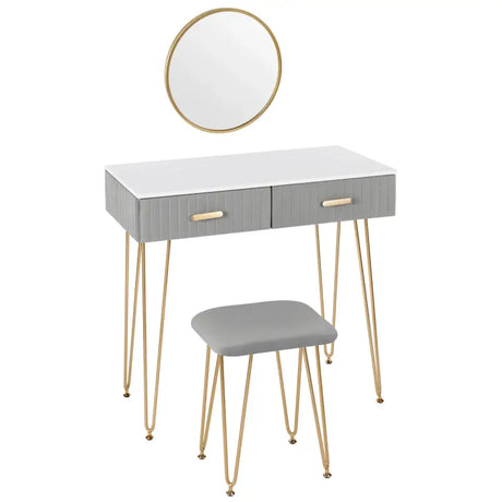 BukkitBow stijlvolle kaptafel set met spiegel en kruk, metalen frame met fluweel, goudkleurige details, 80x77,5x40 cm