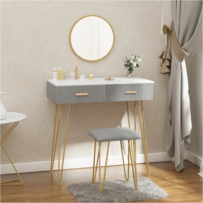 BukkitBow stijlvolle kaptafel set met spiegel, kruk, metalen frame, fluweel afwerking en gouden details, 80x77,5x40 cm