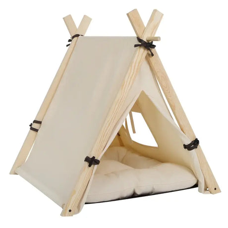 BukkitBow tipi tent voor huisdieren met venster en uitneembaar kussen, wit en eikenhout, geschikt voor honden en katten.
