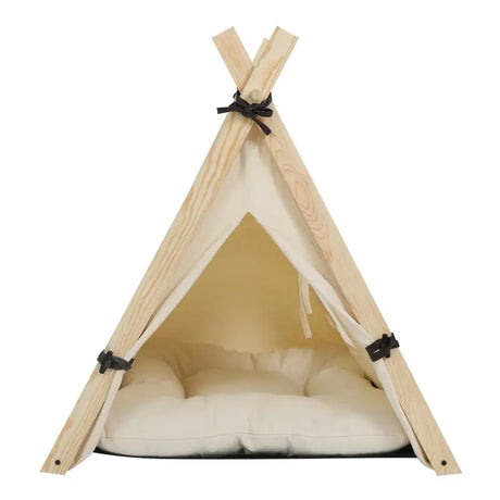 Witte tipi tent voor huisdieren met venster en uitneembaar kussen, geschikt voor honden en katten, van BukkitBow.