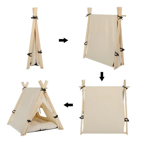 BukkitBow tipi tent voor huisdieren met venster, uitneembaar kussen, in wit en eikenhoutkleur, geschikt voor honden en katten.