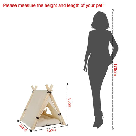 BukkitBow tipi tent voor huisdieren met venster en uitneembaar kussen, wit met eikenhouten details, geschikt voor honden en katten.