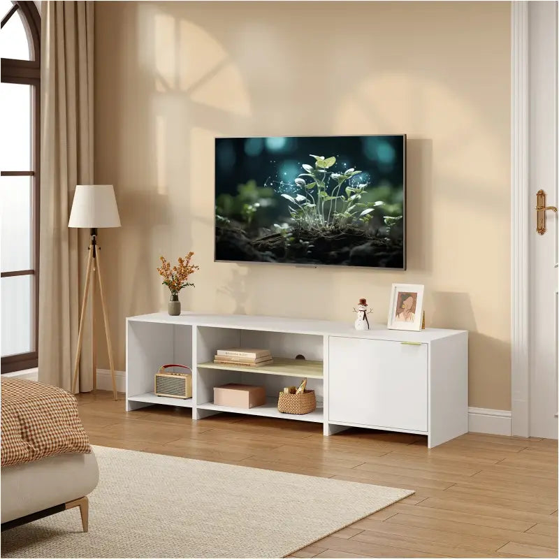 BukkitBow TV-kast met opbergruimte, stevig MDF hout, modern Scandinavisch ontwerp, 160x45x39cm, 3-in-1 modulair meubel