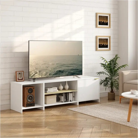 BukkitBow tv-kast met opslagruimte, stevig MDF hout, 3-in-1 modulair ontwerp in Scandinavische stijl, 160x45x39cm.